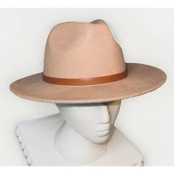 Free People 100% Wool Fedora Dusty Rose Wide Brim Hat Brown Leather Band OS Boho - Picture 2 of 9